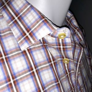 Pronto Uomo mens brown and blue plaid cotton shirt. XL